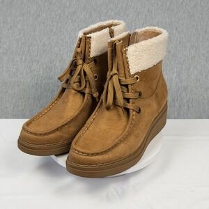 LifeStride Devon Honey Tan Faux Fur Lace Up Wedge Ankle Boots Womens 8.5M